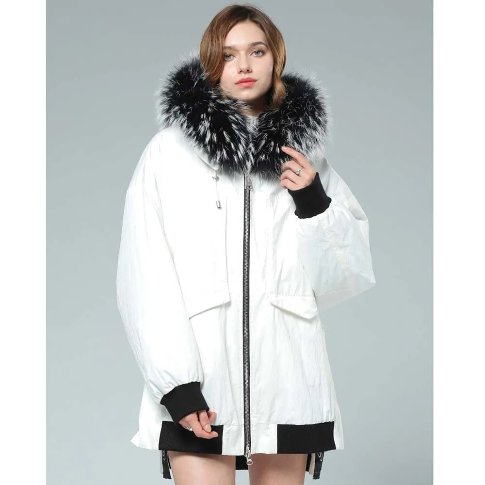 69171 black white SANI/ новые меховые парки, одежда с подкладкой енотовидная собака, меховые парки с капюшоном, модная одежда для девочек - Цвет: 69171 black white