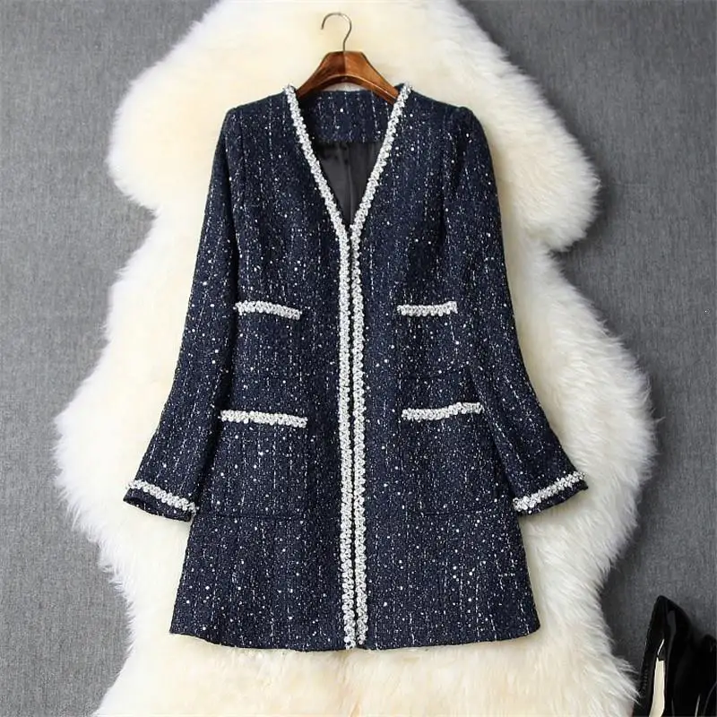 High Quality Winter Tweed Woolen Coats Women Runway V Neck Luxury Diamonds Long Wool Blend Outerwear