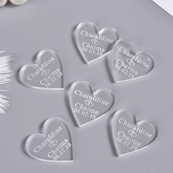 

100pcs Personalized Customized Engraved Clear Love Hearts Wedding Table Centerpieces Mr & Mrs Surname Name Tag Decor
