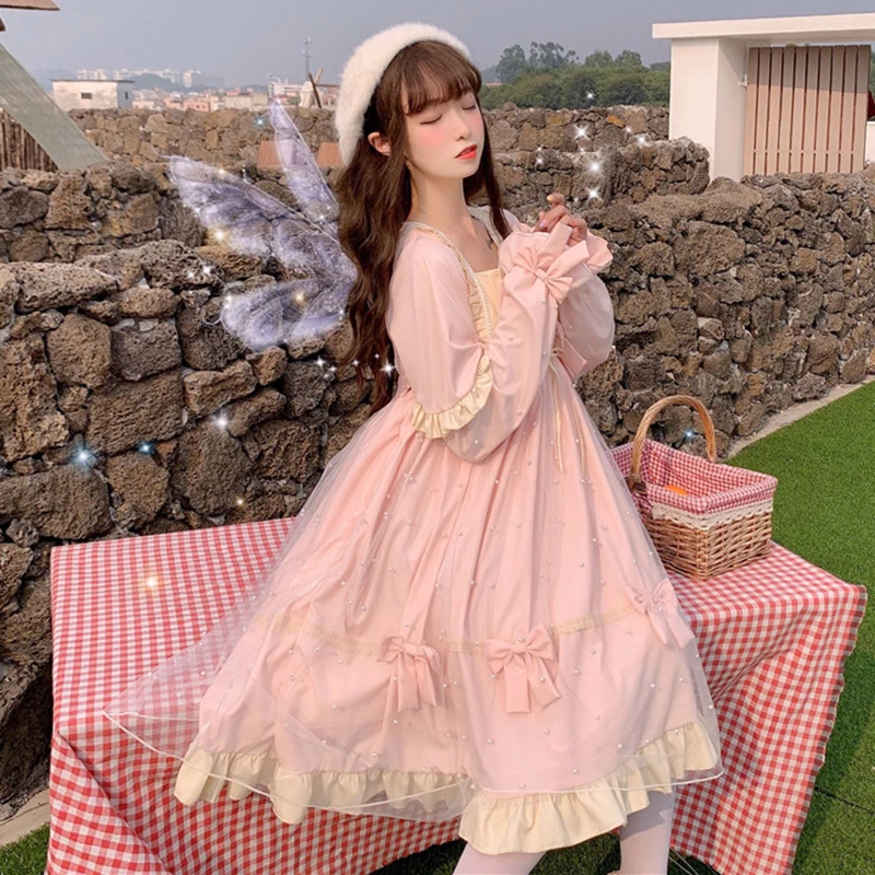 Lady Girls Sweet Lolita Dress Mesh Ruffle Bow Fairy Princess Costume Kawaii Cute