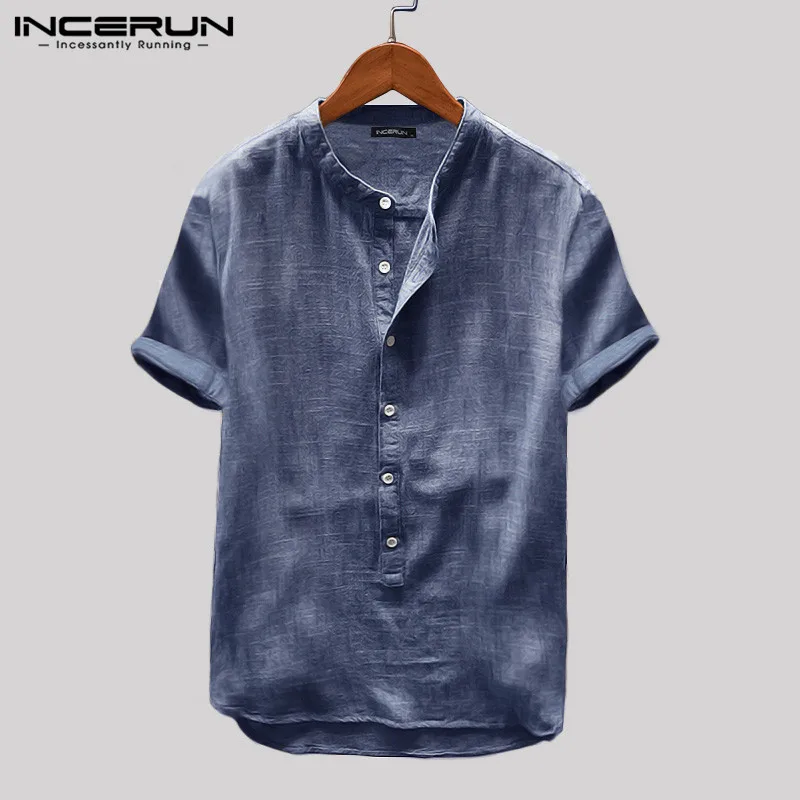 

INCERUN 2020 Men Solid Color Summer Short Sleeve Button Stand Collar Shirt Breathable Casual Small Fresh Camisa Masculina S-5XL