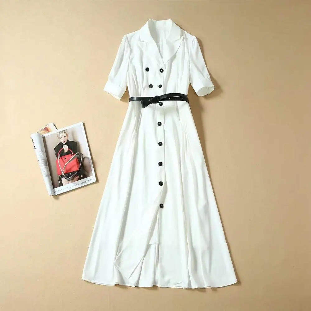 

Womens autumn elegant white dress short sleeve black buttons pleated designer a-line mid-calf belt shirt dresses new 2019