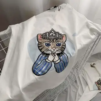 

Have logo Fashion Summer T-shirt woman Cotton tshirt Letter Cartoon cat Fashion Tops Tee Embroidered Sequins women's tshirts