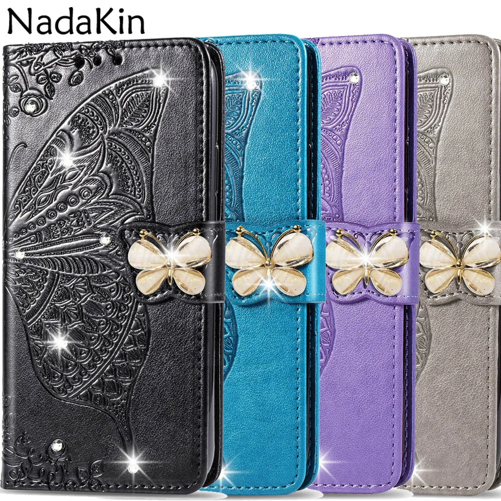 

Butterfly Rhinestone Diamond Flip Book Case Shell Cover for iPhone 11 Pro X XS MAX 6 6S 7 8 Luxury Phone Bag With Card Slots