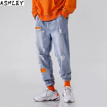 

hop Harem hip modis kpop fashions blue jeans men streetwear korean style denim trousers ripped patch jeans loose clothes