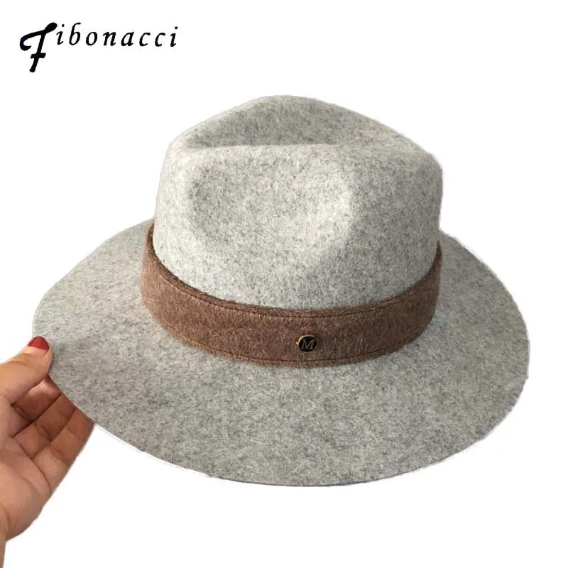 

Fibonacci Top Quality Gray Fedora Unisex Jazz Hat Autumn And Winter Women Men Belt Wool Felt Fedoras Hats