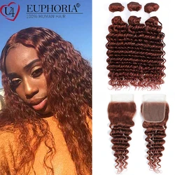 Brown Deep Wave Brazilian Remy Human Hair 3 Bundles With Closure Bundles With Lace Closure 4x4 Blonde 27 30 Colred Hair Euphoria