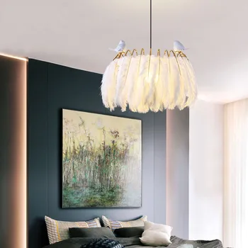 

White feather pendant light bedroom restaurant princess boy and girls room pendant lamp creative personality Nordic pendant lamp