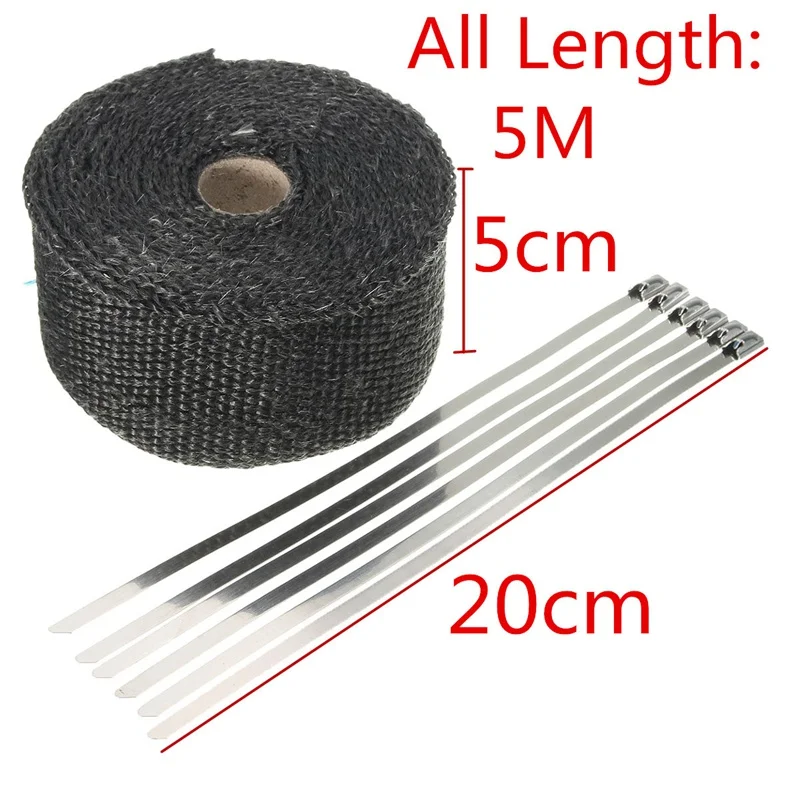 New Black 1.6mm x 5cm 5m Roll Titanium Thermal Exhaust Header Pipe Heat Wrap Tape + Stainless Ties Kit With 6 Straps | Автомобили и