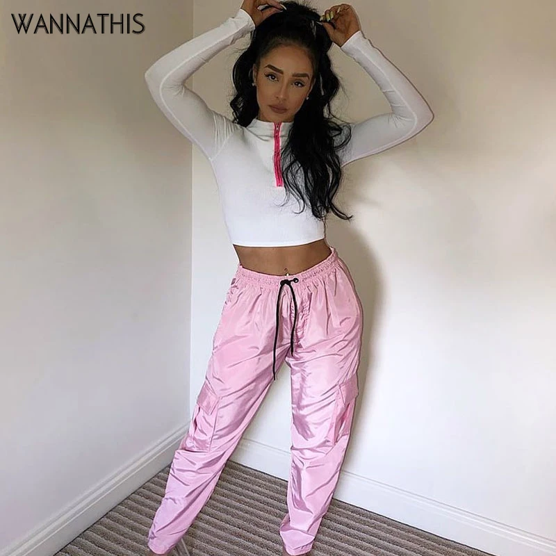 WannaThis, штаны для бега с высокой талией, длинные,, Осенние, женские, повседневные, Карго, уличная, брюки, женские, серые, розовые, одноцветные, с эластичной талией