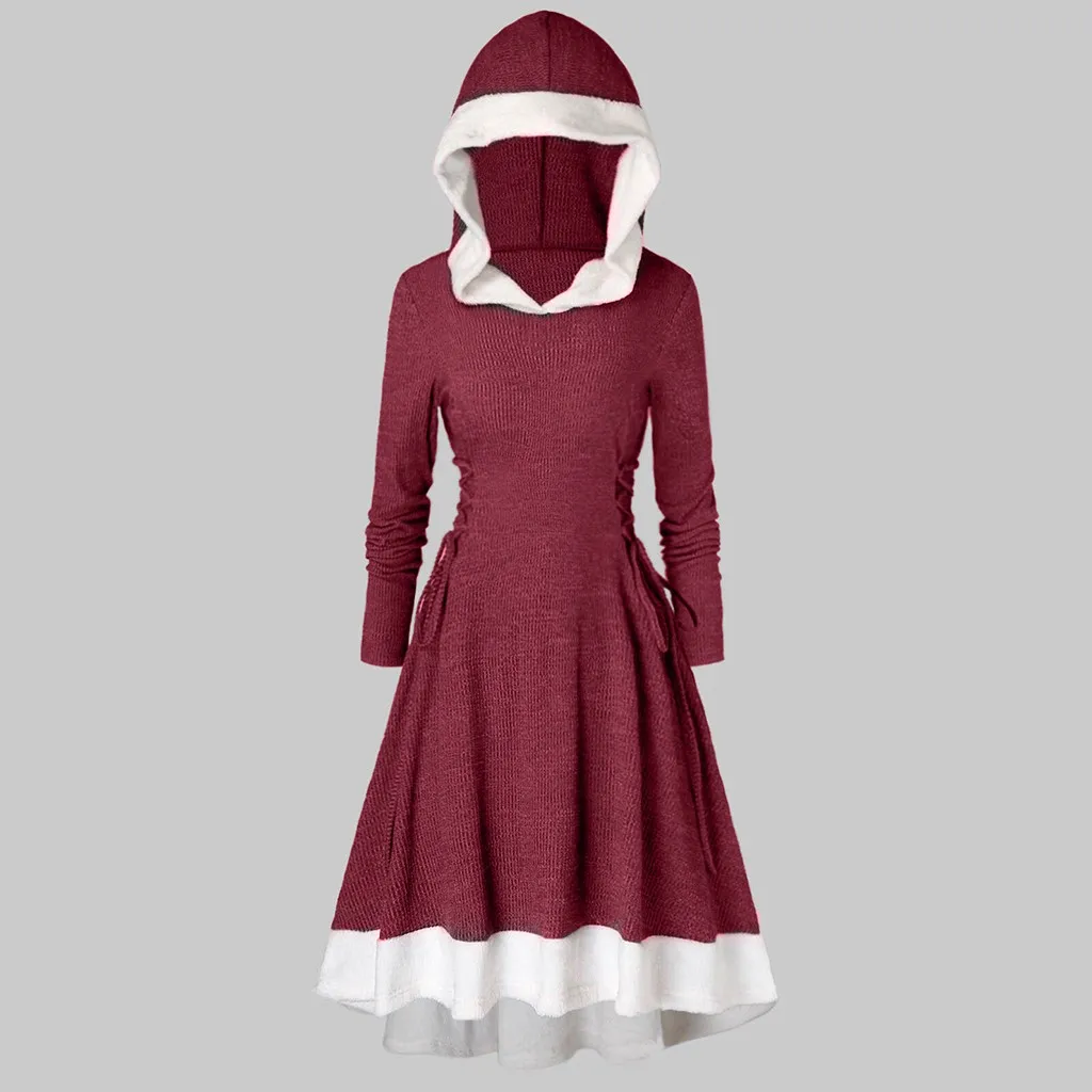 Robe hiver femme, женское платье с длинным рукавом, винтажное, однотонное, размера плюс, с капюшоном, на шнуровке сбоку, зимнее платье, vestidos ropa mujer sukienki
