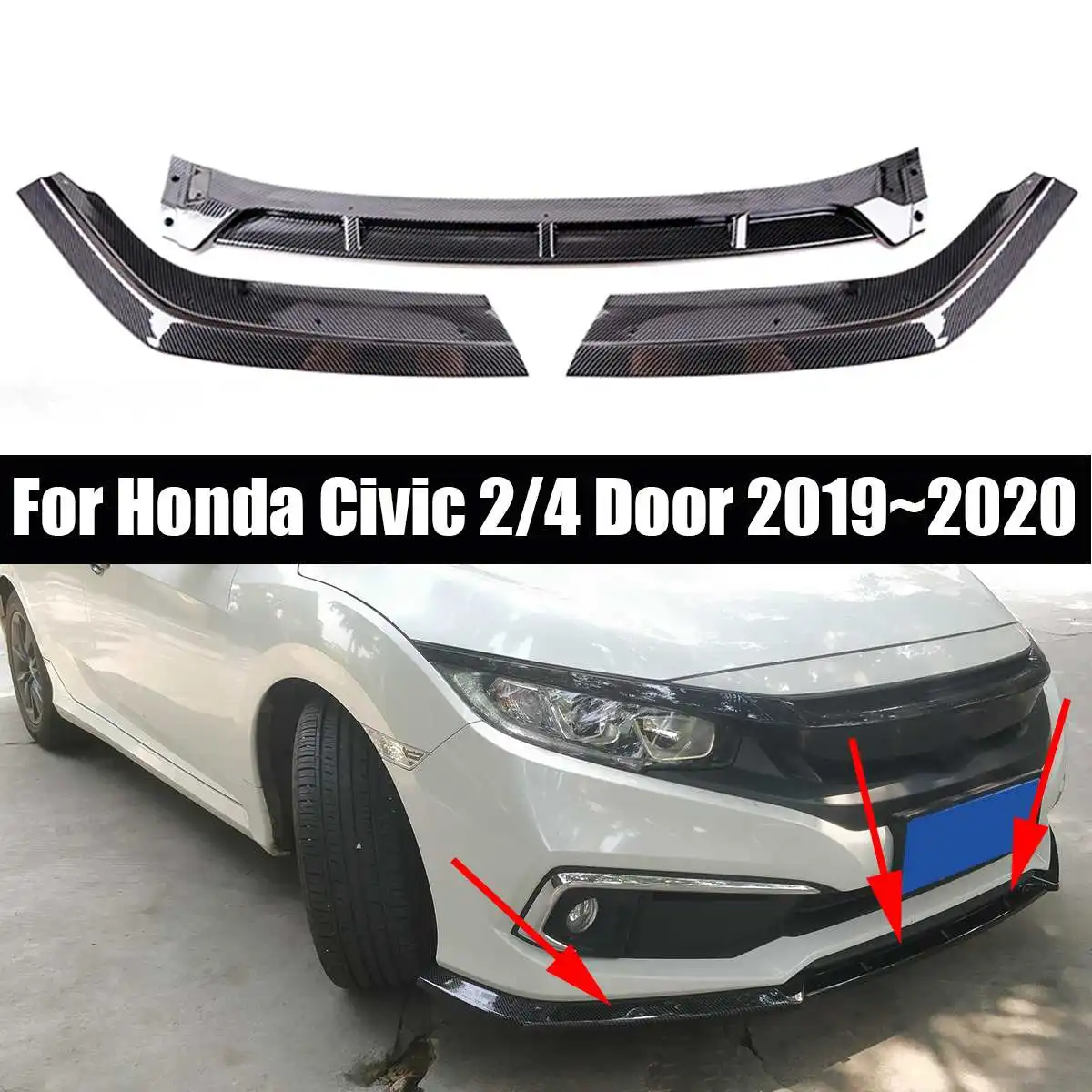 

NEW Carbon Fiber Style 3 Pcs Car Front Bumper Lip Splitter Diffuser Lip Body Kit Spoiler For Honda for Civic 2/4 Door 2019~2020