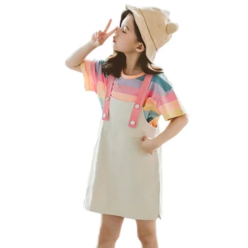 

Kids Clothes Girls Rainbow Color Clothes For Girls Tshirt + Jumpsuit 2PCS Girls Summer Clothes Teenage Children's Set