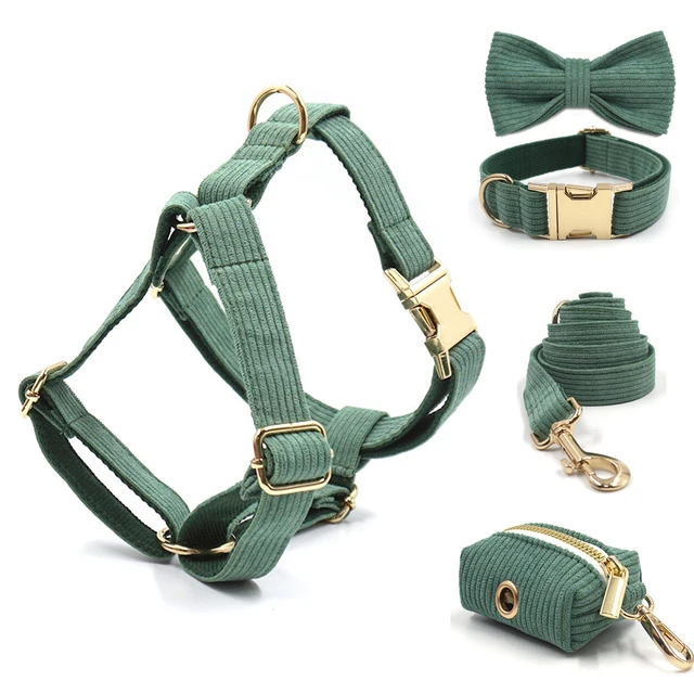 Dark Green Personalized Dog Harness Set Designer Gold Buckle Pet Bow Collar Leash Poop Bag Gift for Puppy Male Dog Accessories 1