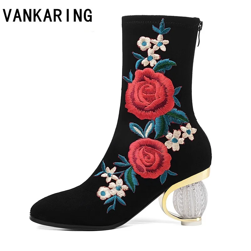 

national style embroidery stretch socks boots women shoes zipper ankle boots spring winter elegant high heels shoes female pumps