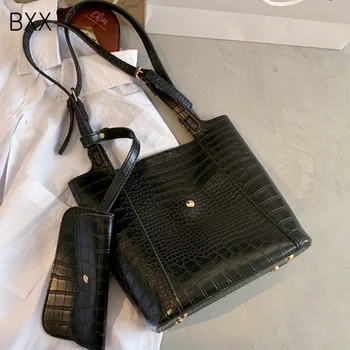 

[BXX] 2 Pcs/Set Solid Color PU Leather Bucket Bags For Women 2020 Autumn Fashion Bag Female Travel Shoulder Handbags HO107
