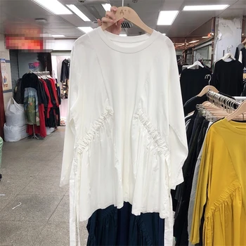 

SuperAen Spring and Autumn 2020 New Pleated Patchwork Lace Up Waist Loose Solid Full O Neck T-shirt