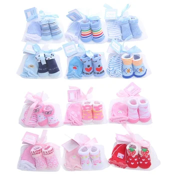 

Baby Socks + Anti-grab Gloves Set Cute Cartoon Baby Socks Set Striped Dot Spring And Autumn Cotton Middle Tube