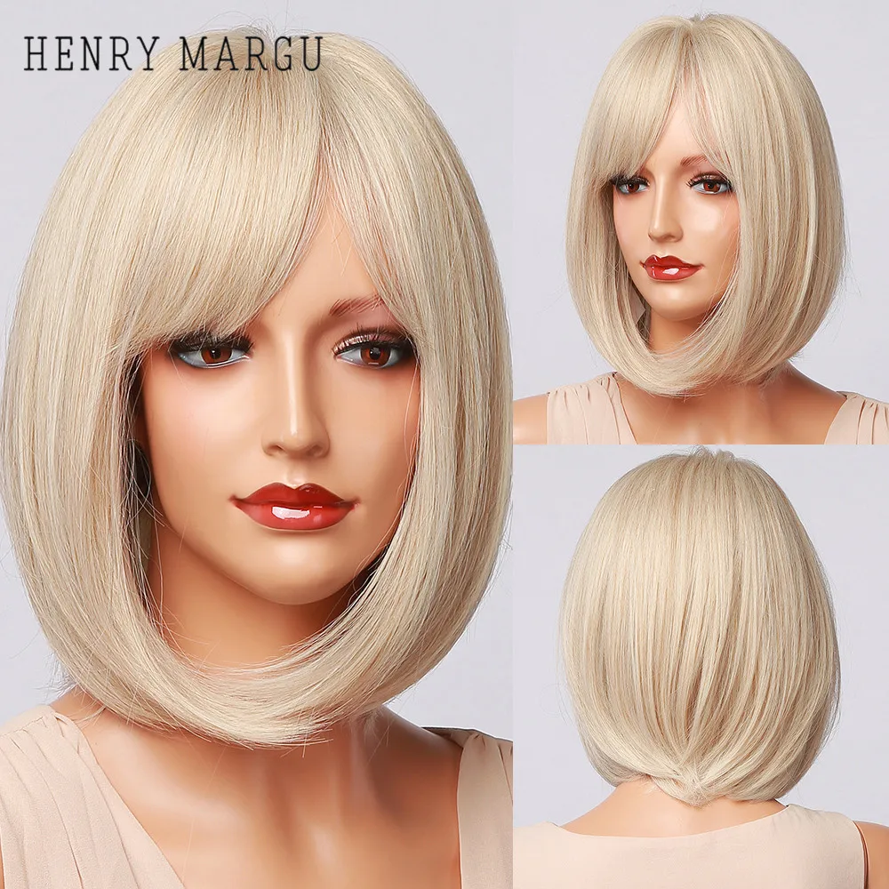 HENRY MARGU Platinum Blonde Wigs Cosplay Party Daily Wigs Short Straight Bob Synthetic Wigs with Bangs for Women Heat Resistant