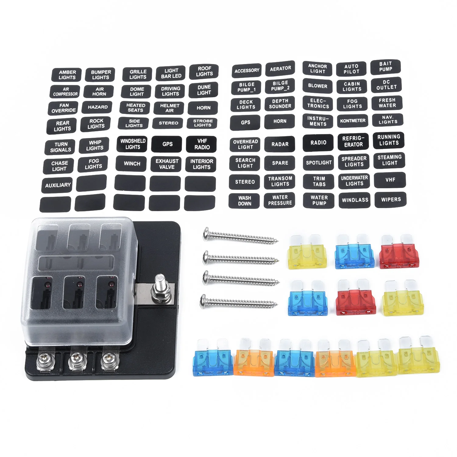 

Rated 100A 32V 6-Way Blade 5A/10A/15A/20A Fuses Box Block Holder LED Indicator for 12V 24V Car Marine fast identify Sticker Kits