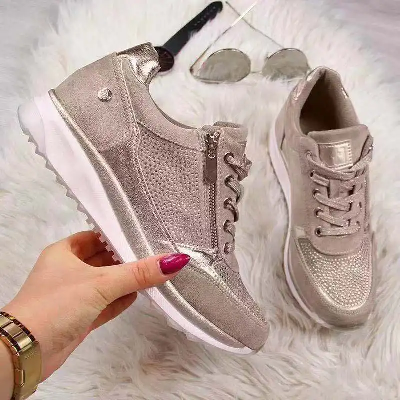 Women's Vulcanized Shoes 2020 Casual Wedge Ladies Flat Shoes Zipper Lace Up Comfortable Female  Shoes Outdoor Single Sneakers 