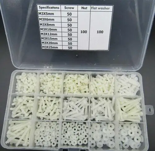 600 pcs M3 нейлоновые винты/шайба прокладки/гайки Ассортимент Комплект