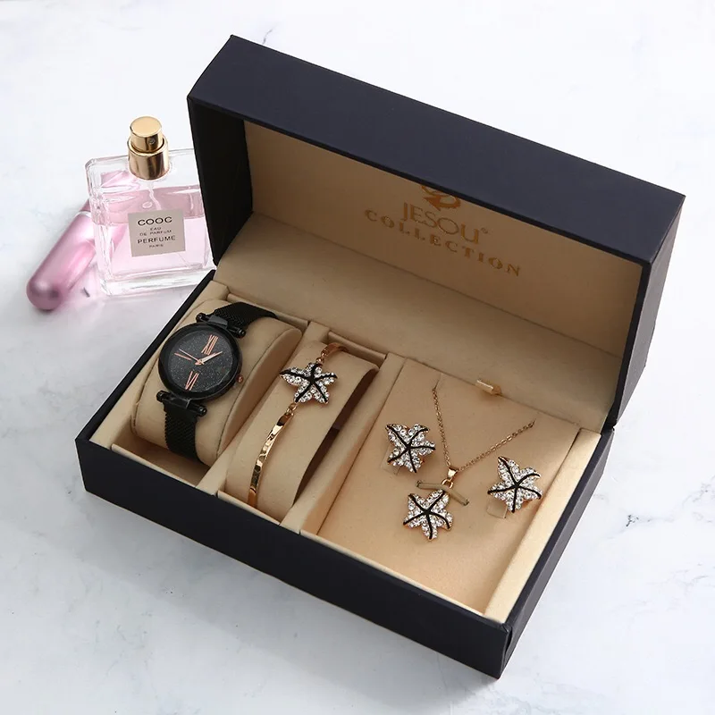 Новые модные женские часы, набор, роскошные бриллиантовые серьги с морской звездой, ожерелье, браслет, набор для женщин, подарок на день Святого Валентина