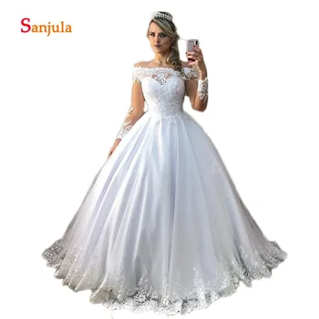 

Boat Neck Long Sleeve Wedding Dresses 2019 Princess Ball Gown Bride Wedding Wear Lace Appliques robe de mariee D1260