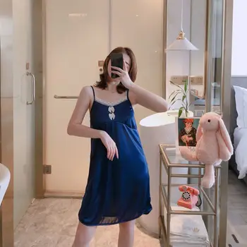 

Summer Ice Silk Nightdress Women Sexy Solid Suspenders Nightdress Nightgown Two-piece Lace Female Loose Home//Service Clothing