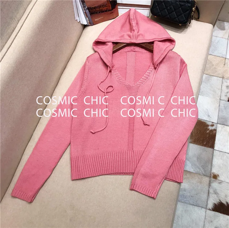 Cosmicchic, женский зимний вязаный костюм, модный, v-образный вырез, Повседневный, с капюшоном, шерсть, спортивный костюм, однотонный, толстовка с длинным рукавом, женский брючный костюм