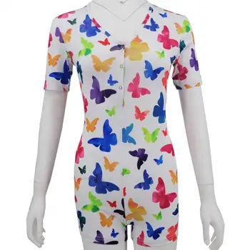 

2020 Summer Women Jumpsuit Sexy Deep V-neck Printed Butterfly Onesies Short Sleeve Home Clothes Tight Pajamas Sleepwear Costume