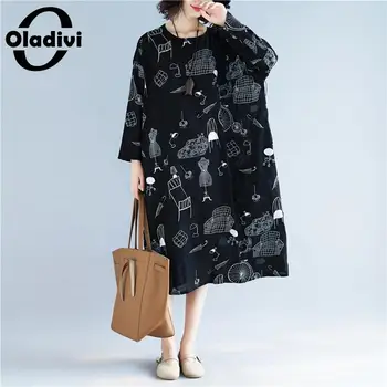

Oladivi Plus Size Women Fashion Printed Dress Ladies Casual Loose Cotton Linen Midi Dresses Female Vestidios Black 6XL 5XL 4XL