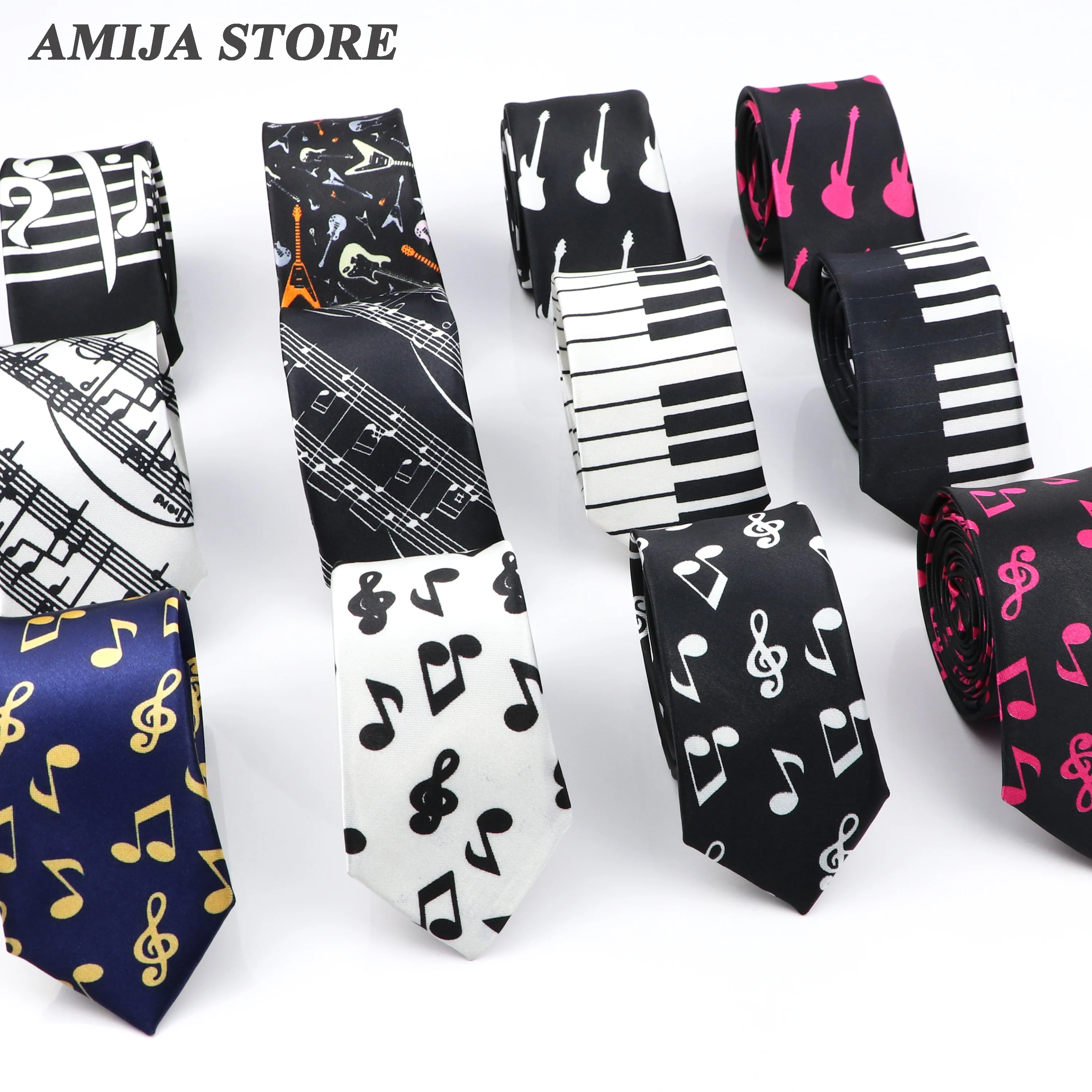 Musical Men's Skinny Tie Design Colorful Notes Printed Piano Key Smile Guitar Polyester 5cm Width Necktie Party Gift Accessory