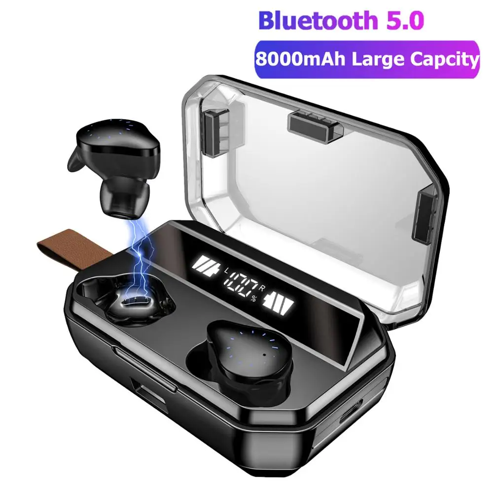 TWS беспроводные наушники Bluetooth 5,0, наушники с дисплеем питания и кнопкой управления, спортивные стерео беспроводные наушники 8000 мАч, зарядная коробка - Цвет: With Box