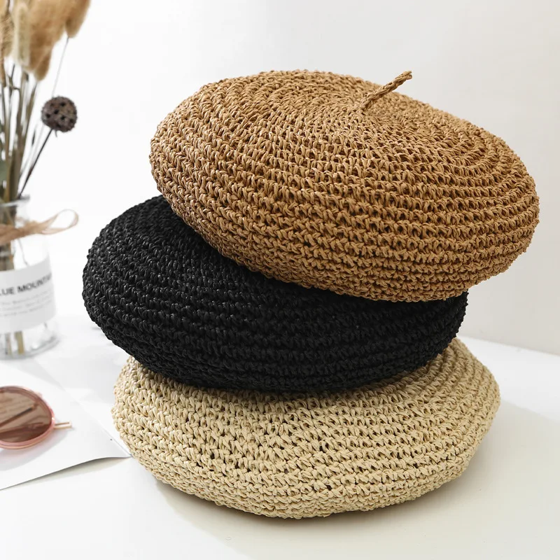 Summer Weave Beret Female Straw Hats For Women Spring Autumn Flat Sun Hat Breathable Casual Holiday Artist Beach Cap Chapeau 5