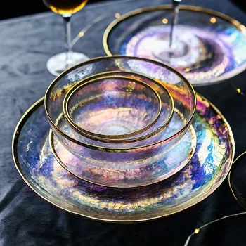 

Dazzle color painted gold glass bowl dish seven color transparent hammer grain glass plate salad bowl fruit bowl western food