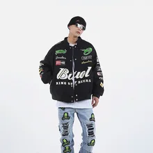 

American Retro 2021 Autumn Winter New Product Hip-Hop Motorcycle Jacket Racing Embroidery Men's Cotton Baseball Uniform Coat Y2K