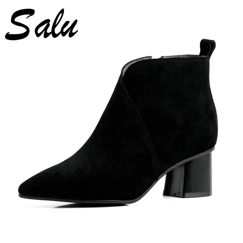 

Salu Boots Women Ankle Boots Pointed Toe Cow Suede High Heels Shoes Autumn Winter Warm Elegant Office Lady Basic Shoes Woman