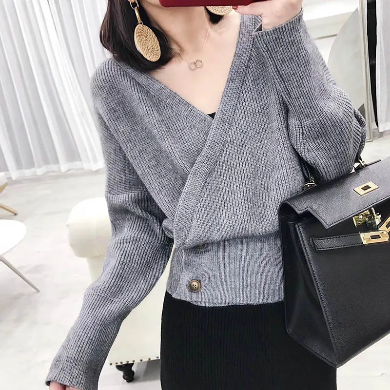 

2019 Autumn Women Cross Knitted Sweater And Cardigans Korean Fashion Style Elegant Female Sweaters