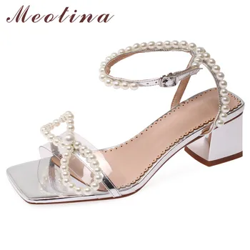 

Meotina String Bead Women Sandals Bow Ankle Strap High Heel Shoes Transparent Square Toe Block Heels Sandals Female Sliver 40