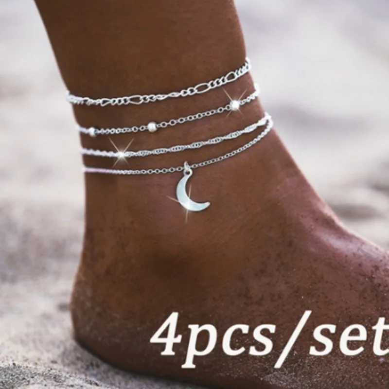 4Pcs/set Adjustable Charming Multilayer Foot Chains Vintage Silver Color Moon Pendant Anklet Set for Women Anklet Tobillera Gift 4Pcs/set Adjustable Charming Multilayer Foot Chains Vintage Silver Color Moon Pendant Anklet Set for Women Anklet Tobillera Gift