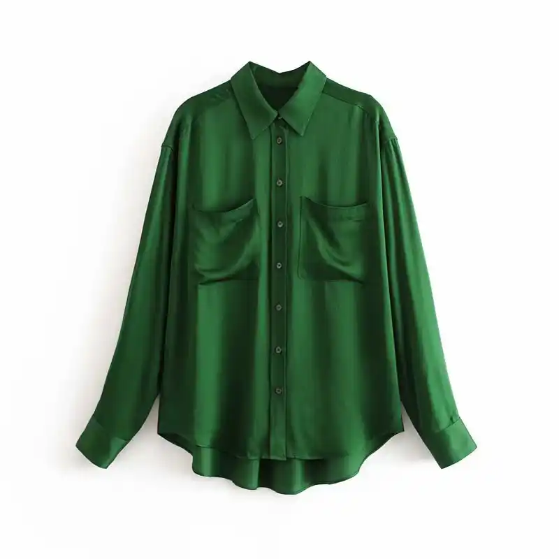 green satin button down