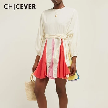 

CHICEVER Spring Hit Color Patchwork Womens Dress O Neck Puff Sleeve Bandage Dresses Female 2020 Casual Vintage Fashion