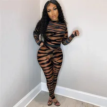 

Fashion Stripe Print Jumpsuit Women Sexy See Through O Neck Long Sleeve High-waist Jumpsuit Romper Women One Piece Party Outfit