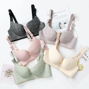 

New Products Thin Seemless Solid Plaid Non-Steel Ring Bra Japanese-style GIRL'S High School Students Shiny Side Comfortable Unde