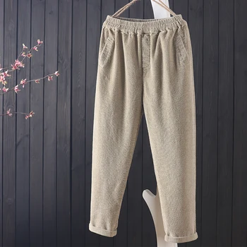 

New autumn and winter solid color Capris women's wear all kinds of literature and art style elastic waist loose casual corduroy
