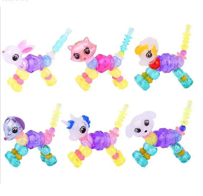 fashion Handmade Beads Cartoon Horse Unicorn Dog Cat DIY jewelry Toy Transparent Animal stretch twisty magic Kids bracelet Gift