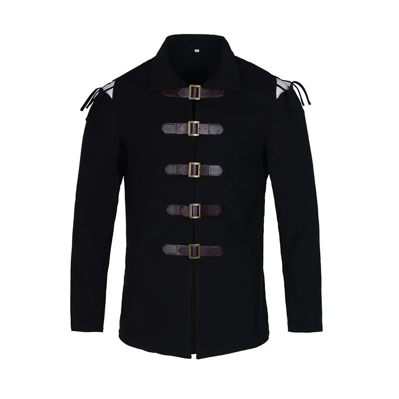 Средневековый косплей, Мужская винтажная куртка, однотонное рыцарское пальто, мужские кожаные пряжки, топы, готический Тренч, куртка, костюм, одежда