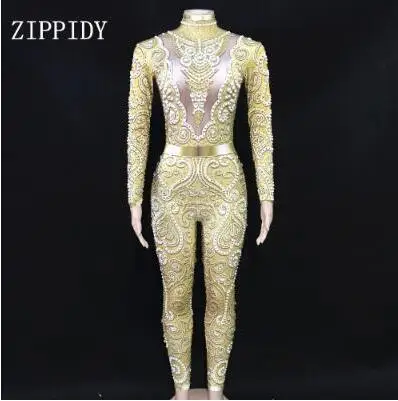 gold jumpsuit Сексуальный комбинезон для сцены танцевальные Комбинезоны Новое поступление Серебряные Кристаллы боди с длинным рукавом день рождения, празднование наряд - Цвет: gold jumpsuit