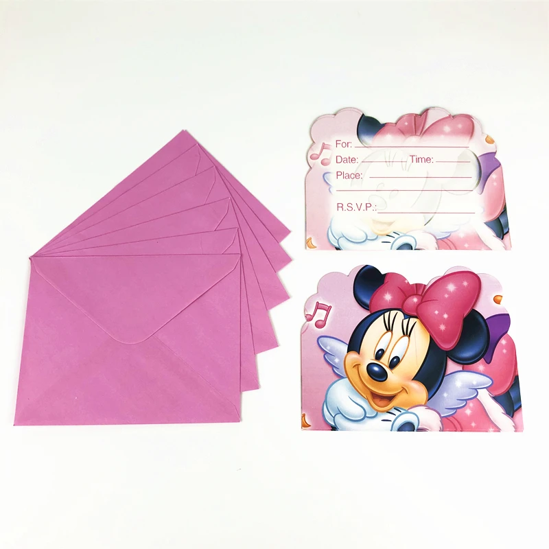 

New 6pcs card+6pcs mailer Minnie Mouse Pink Party Invitation Card Kids Girl Birthday Party Baby Shower Supplies Party Favors